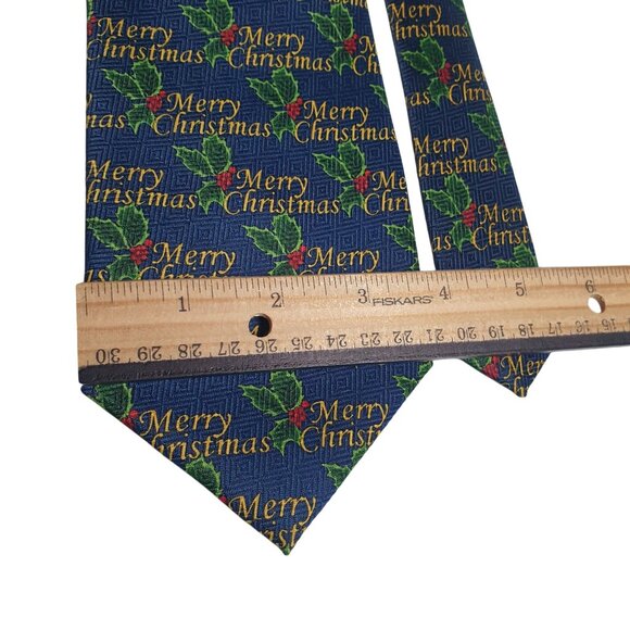 Vintage Merry Christmas Holiday Tie Festive Holly Pattern Party Dad Gift - Picture 3 of 5